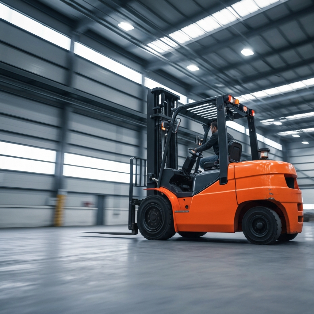 Forklift moving fast in warehouse