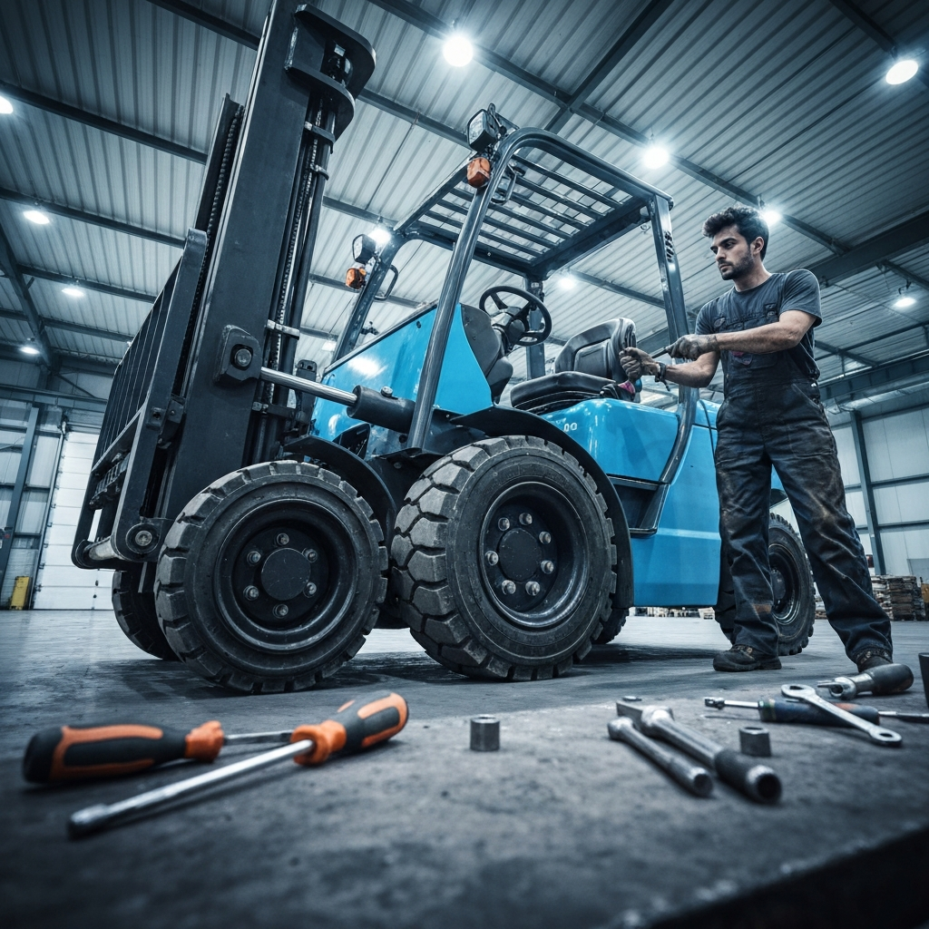 Forklift serviced in warehouse