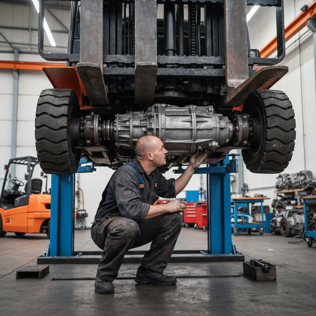 Mechanic checks forklift transmission