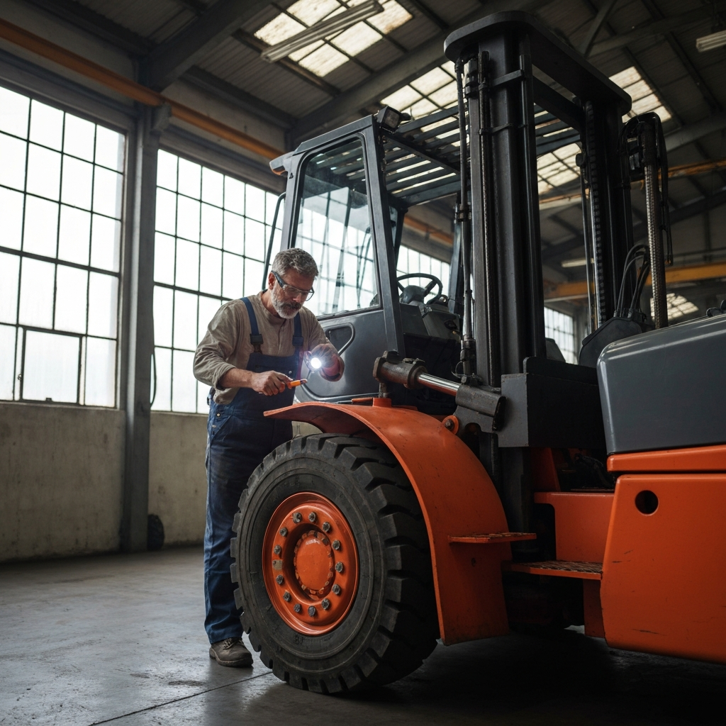 Mechanic inspecting forklift in garage