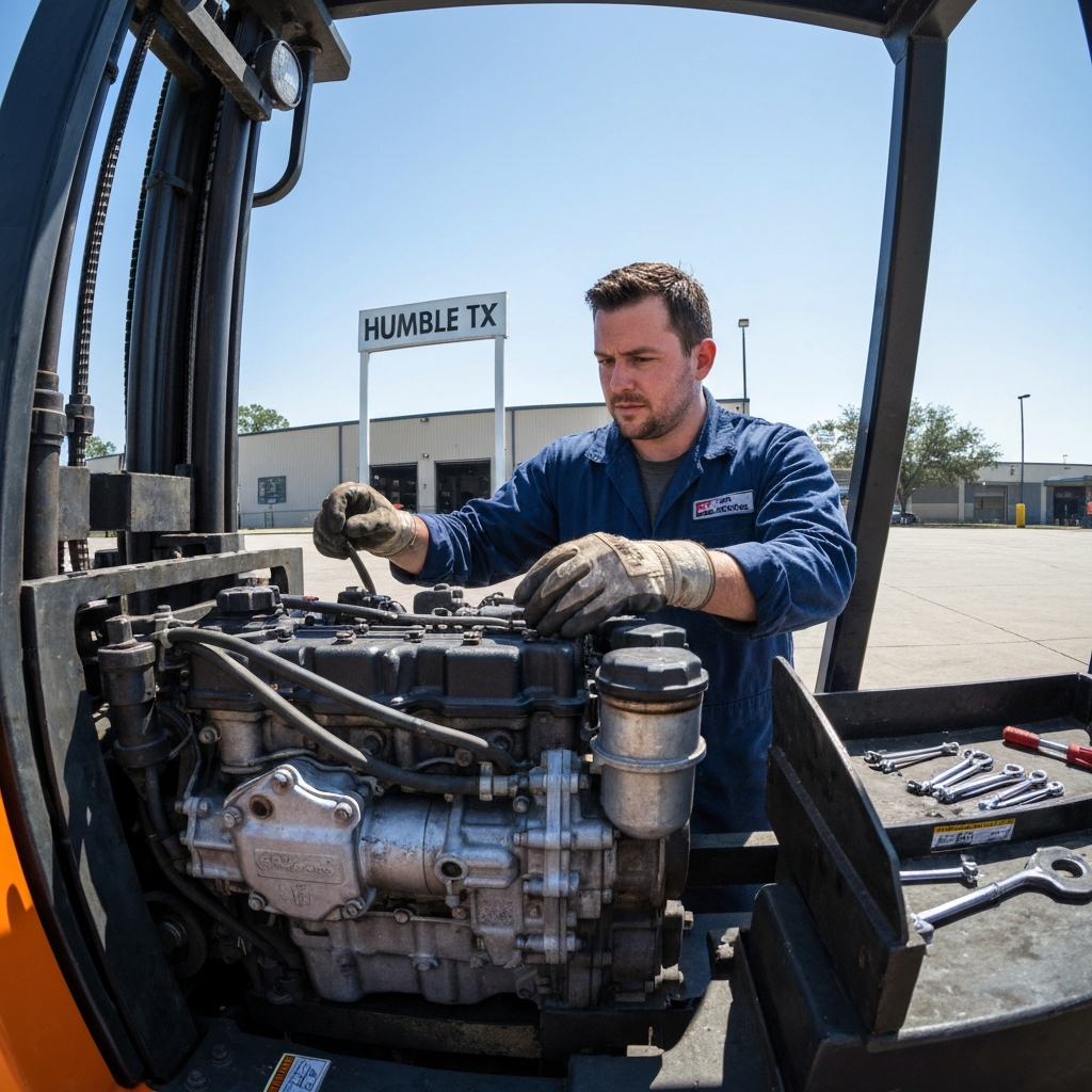 Technician inspecting forklift engine