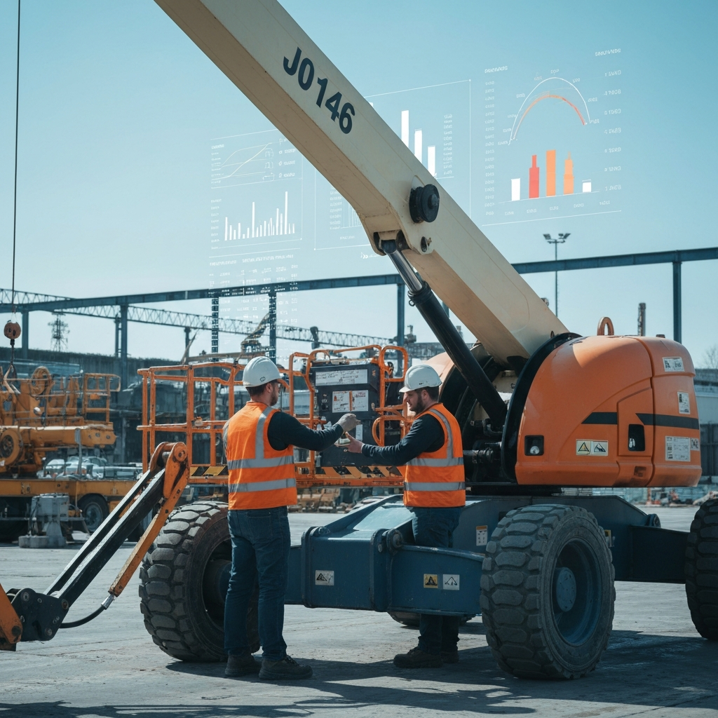 Technicians inspect boom lift statistics