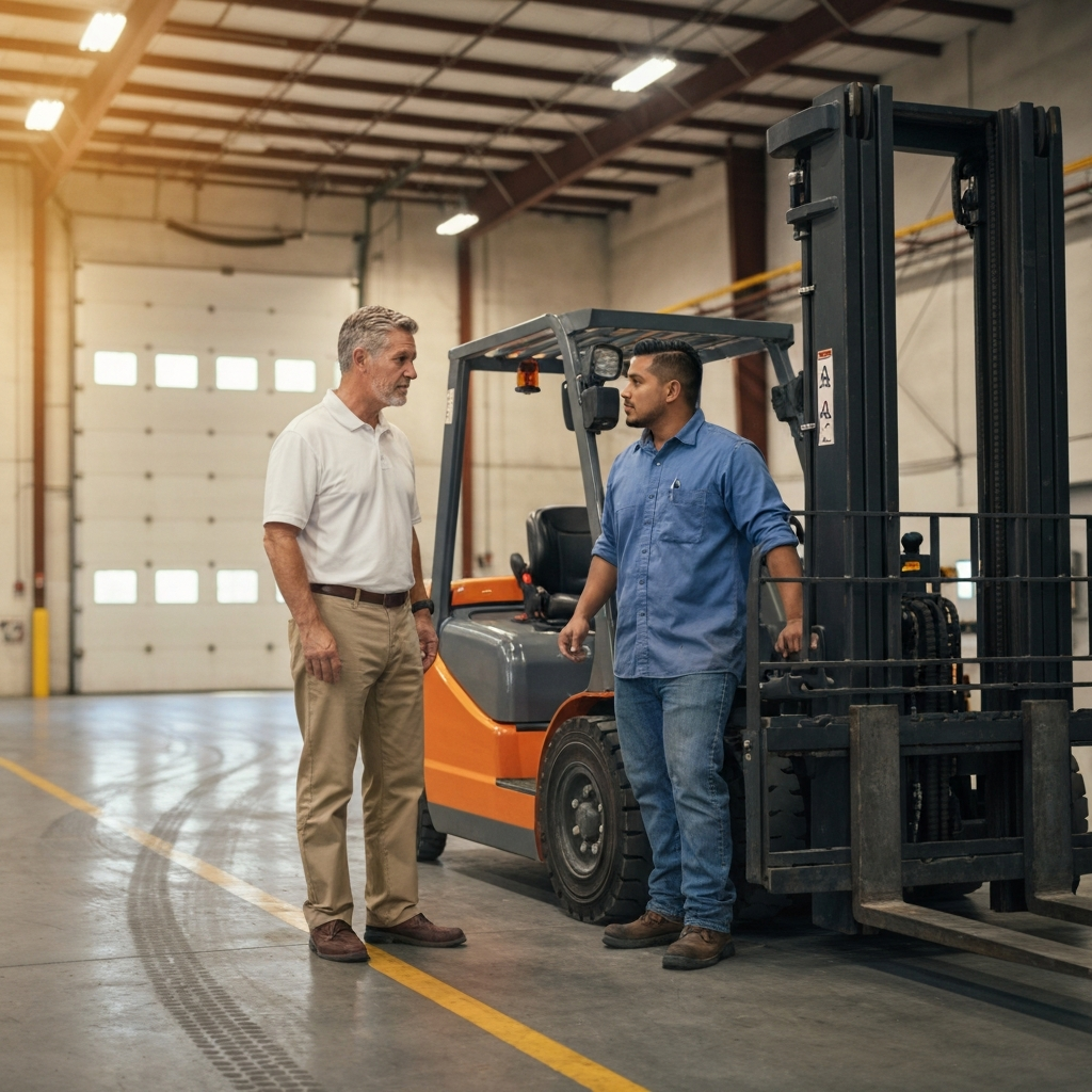 Manager and technician in warehouse