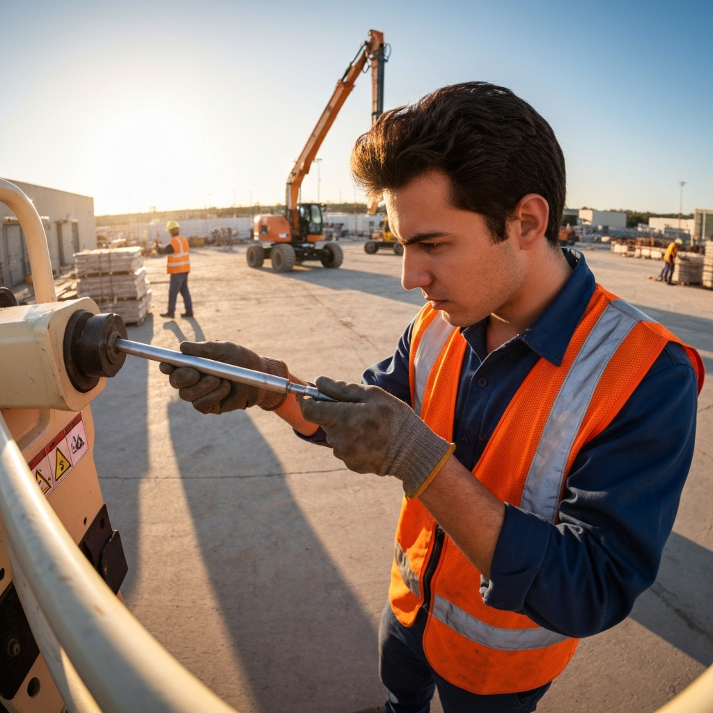 Technician inspecting boom lift outdoors