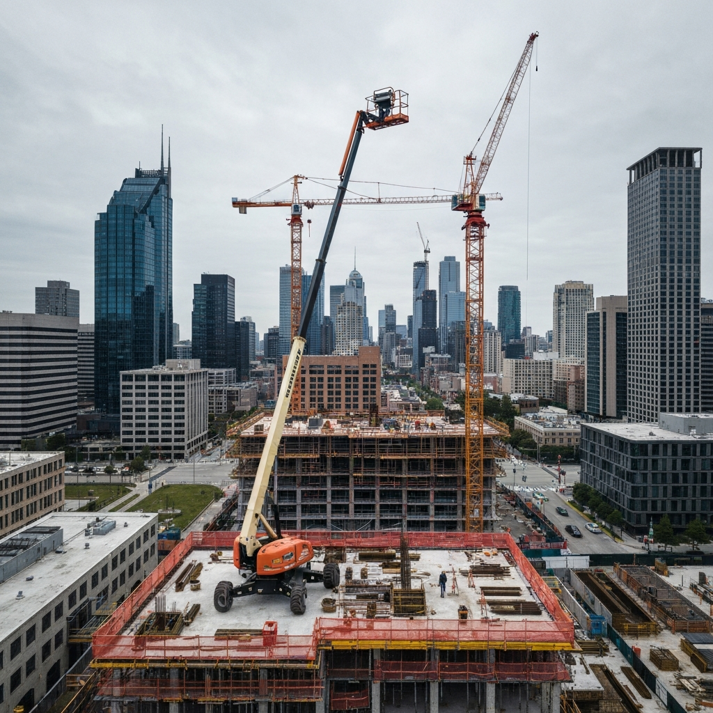 Boom lift on city construction site