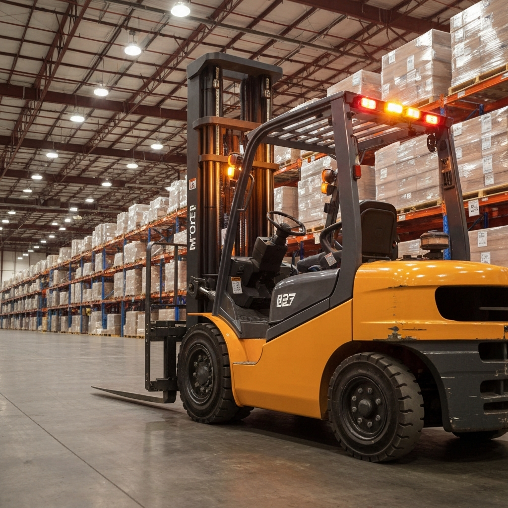 Forklift with warning lights in warehouse