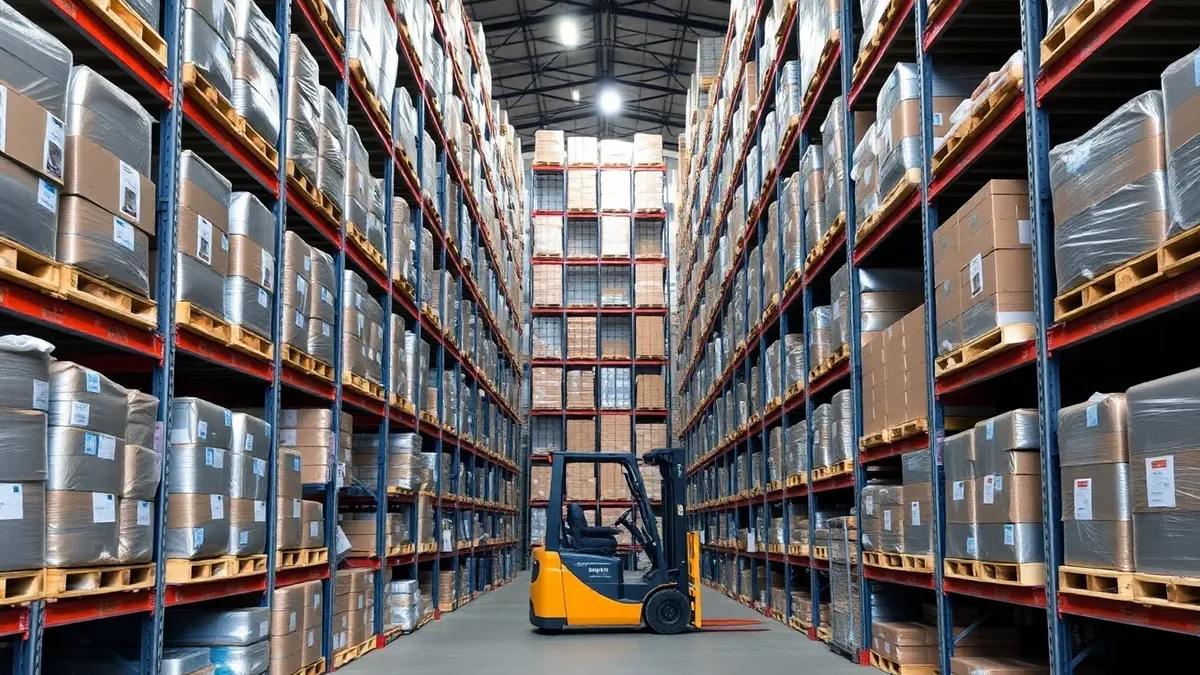 Forklift working warehouse racking aisles — Upright Forklift, Houston TX