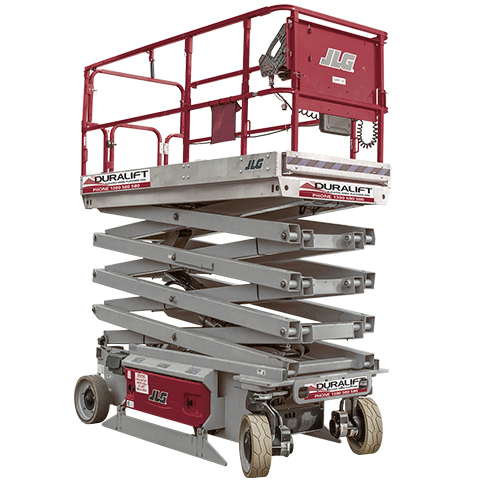 Scissor lift being serviced by certified repair technicians in Texas warehouse
