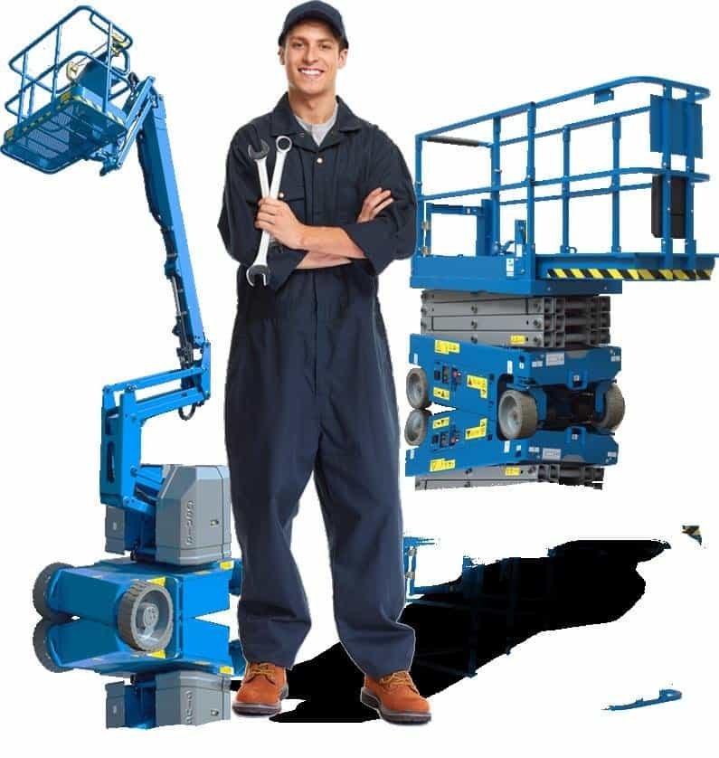 Technician performing maintenance on an aerial lift platform at an industrial facility