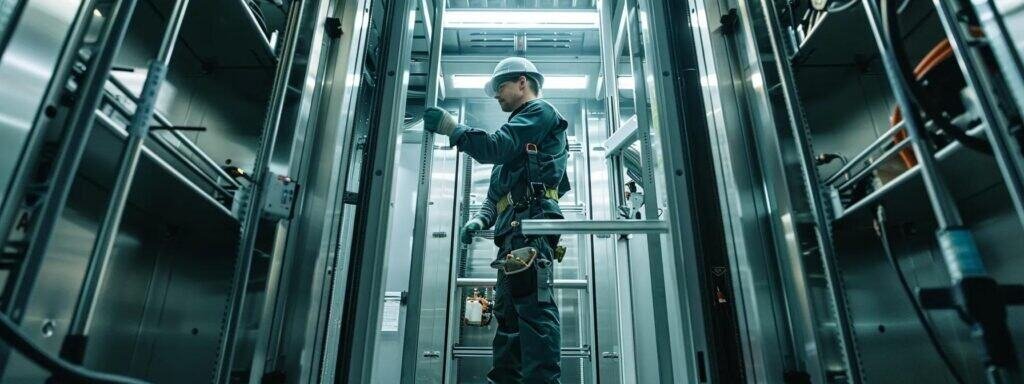 a focused technician in a modern office building elevator shaft performs an urgent repair amidst a backdrop of tools and equipment, capturing the intensity of emergency lift repair work with bright artificial lighting highlighting the technical environment.