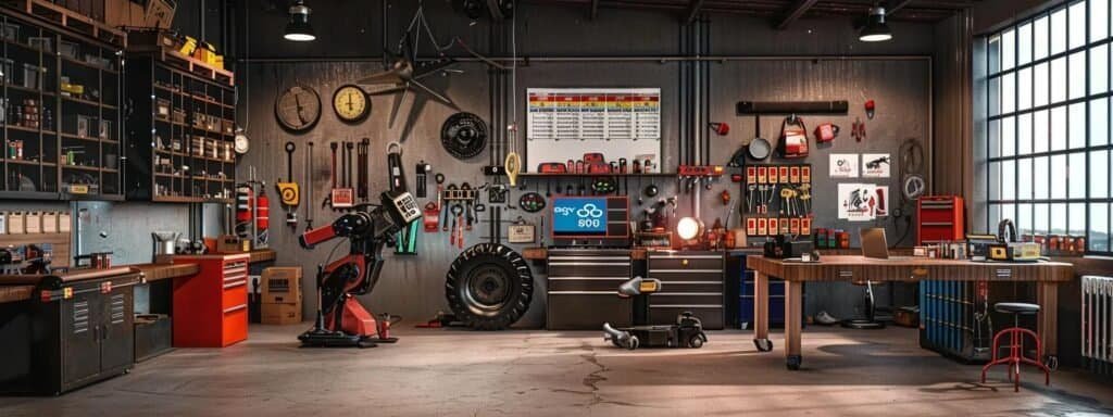 a modern mechanic's workshop is vividly showcased, featuring a well-organized workspace with heavy equipment undergoing repair, alongside a large, clear pricing chart displayed prominently on the wall, emphasizing transparent pricing and trust between technicians and clients.