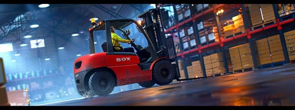 a powerful forklift maneuvering effortlessly through a bustling industrial warehouse, surrounded by neatly stacked pallets and vibrant safety signage, captured in sharp detail with dramatic overhead lighting to emphasize its robust machinery.