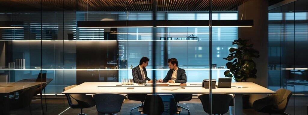a sleek, modern office setting showcases a focused discussion between two professionals reviewing a detailed contract, emphasizing key factors like transparent pricing and service warranties on a digital tablet, illuminated by bright, focused overhead lighting.