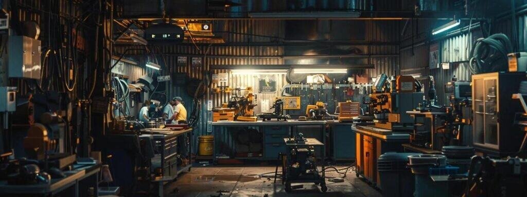 a bustling urban equipment repair facility, featuring knowledgeable technicians engaged in hands-on repairs with a backdrop of sophisticated tools and machinery, reflecting a well-established reputation for quality service.