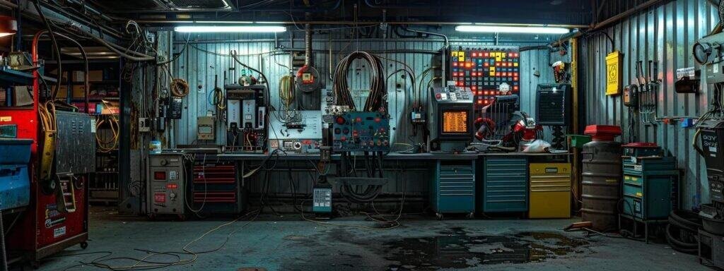 a dimly lit industrial maintenance garage showcases a large, heavy equipment machine surrounded by diagnostic tools, with a digital control panel displaying warning lights and fluid leaks visibly pooling underneath, indicating potential mechanical failures.