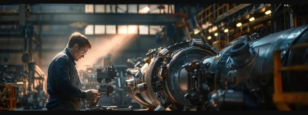 a focused, industrial workshop setting showcases a certified technician examining a massive piece of heavy equipment under bright, artificial lighting, emphasizing professionalism and expertise in complex repairs.