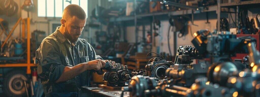 a focused mechanic intently assesses a complex array of industrial machinery parts in a brightly lit workshop, emphasizing the intricate details of the repair process.