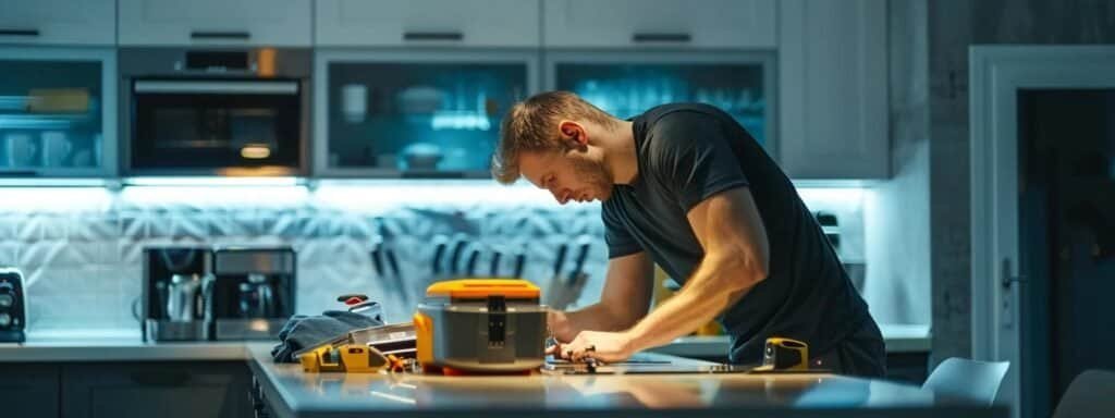 a skilled technician meticulously examines a modern kitchen appliance, with a toolbox and repair parts neatly arranged on a sleek countertop, illuminated by bright, focused overhead lighting in a clean, contemporary home setting.