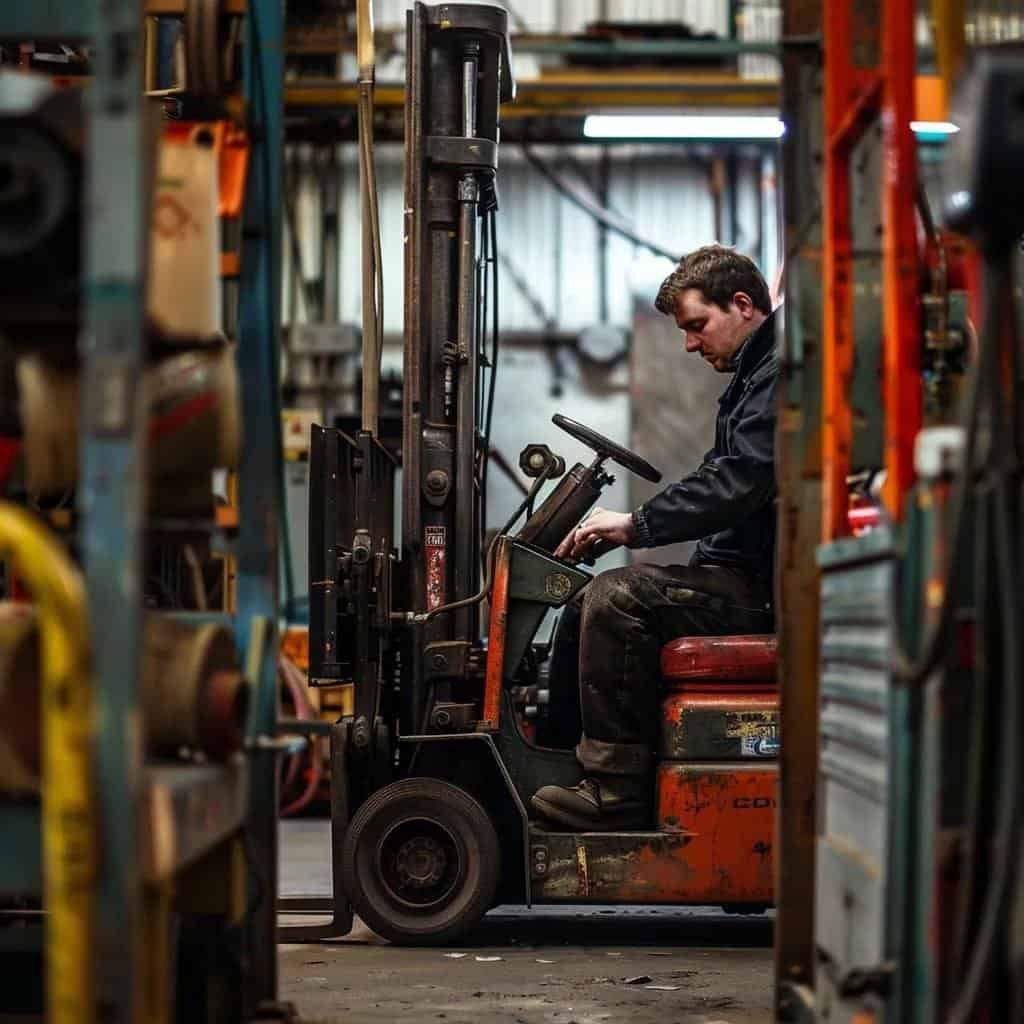 Forklift technician repairing a hydraulic system in a warehouse, showcasing professional forklift repair services
