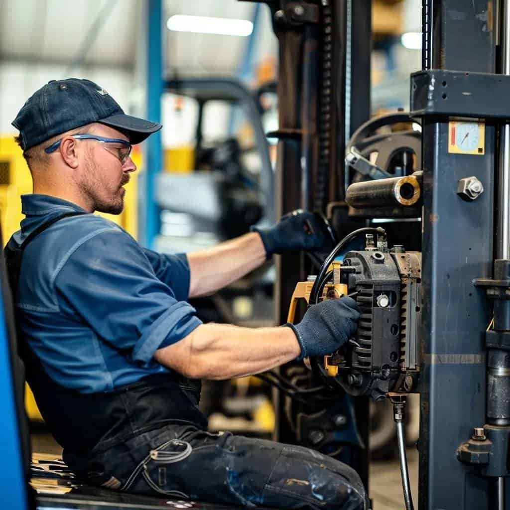 Technician repairing a forklift's hydraulic system in a warehouse