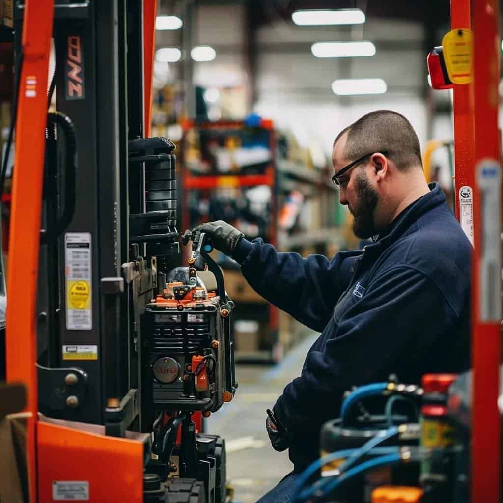 Technician repairing a forklift onsite in a Houston warehouse, highlighting efficiency and expertise