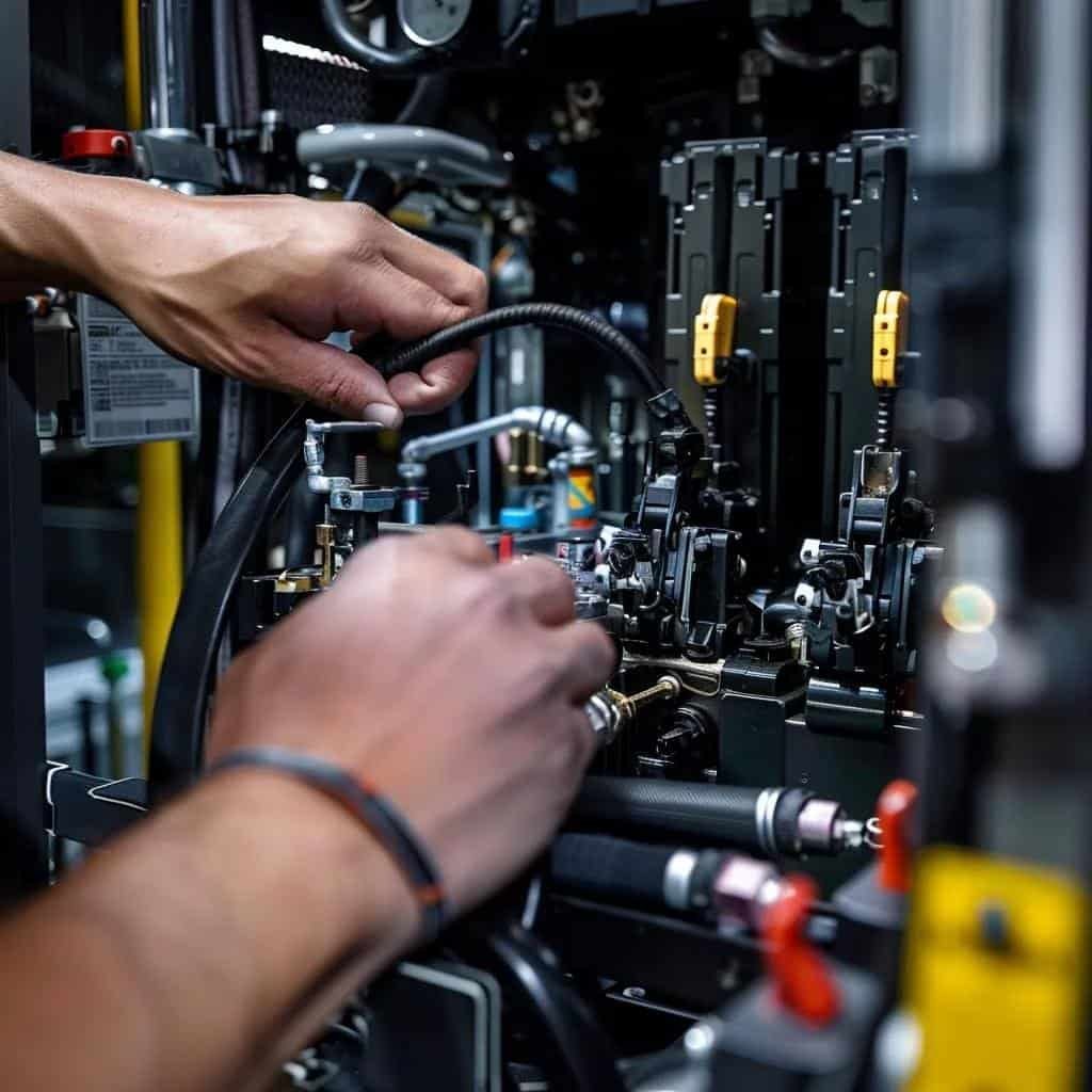 Technician replacing a hydraulic hose on a forklift, emphasizing quality parts and expert service