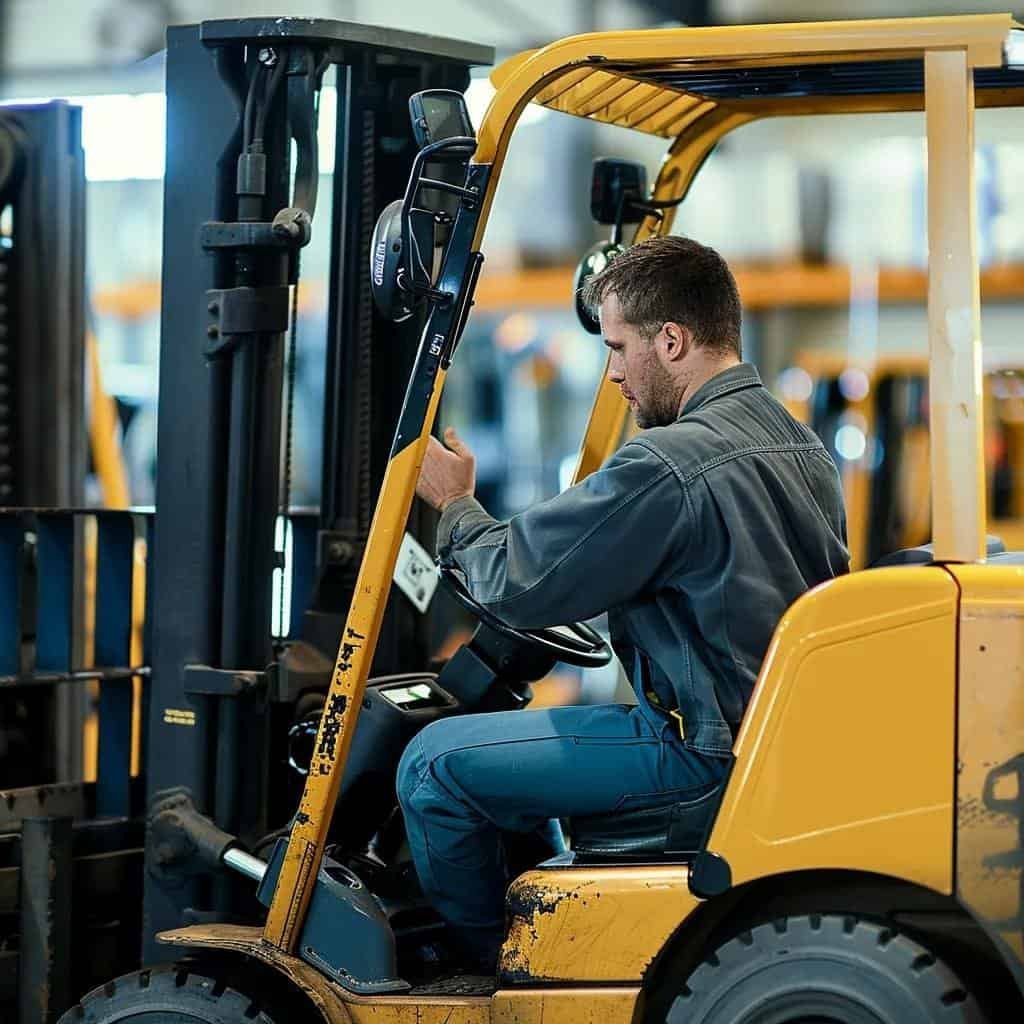 Forklift operator conducting daily inspection steps, ensuring safety and compliance in Houston