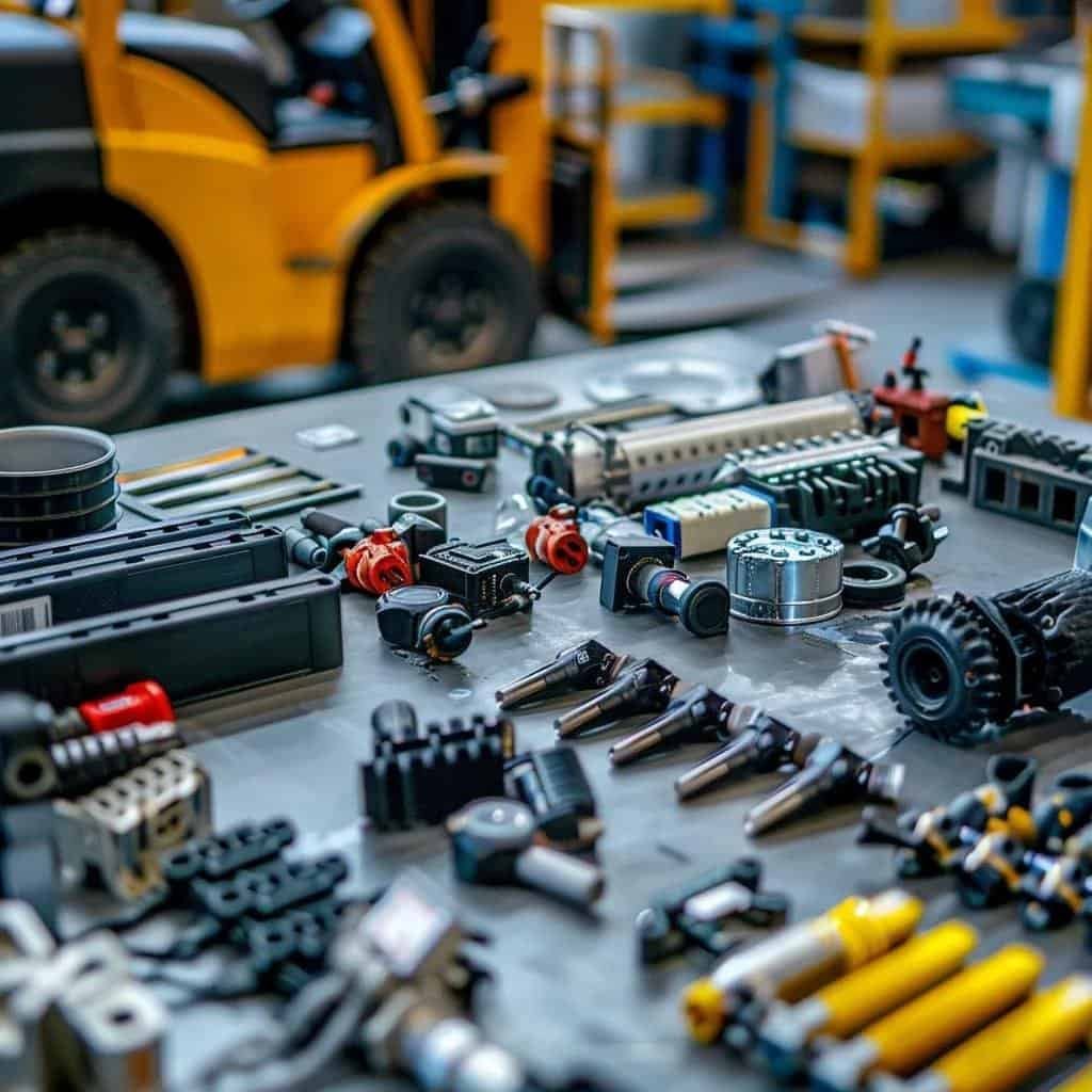 Various forklift parts ready for replacement and service