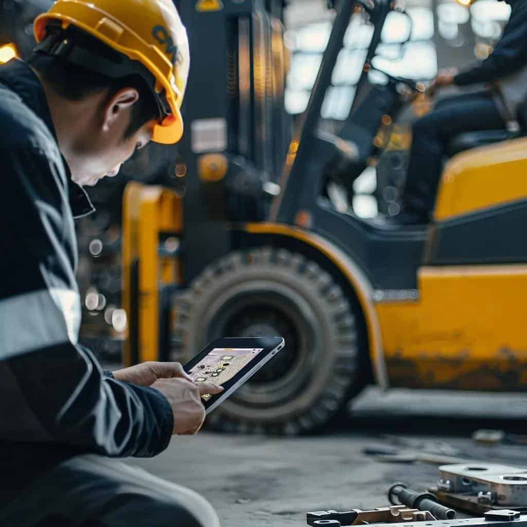 Technician diagnosing forklift issues onsite with a tablet, illustrating rapid response and efficiency