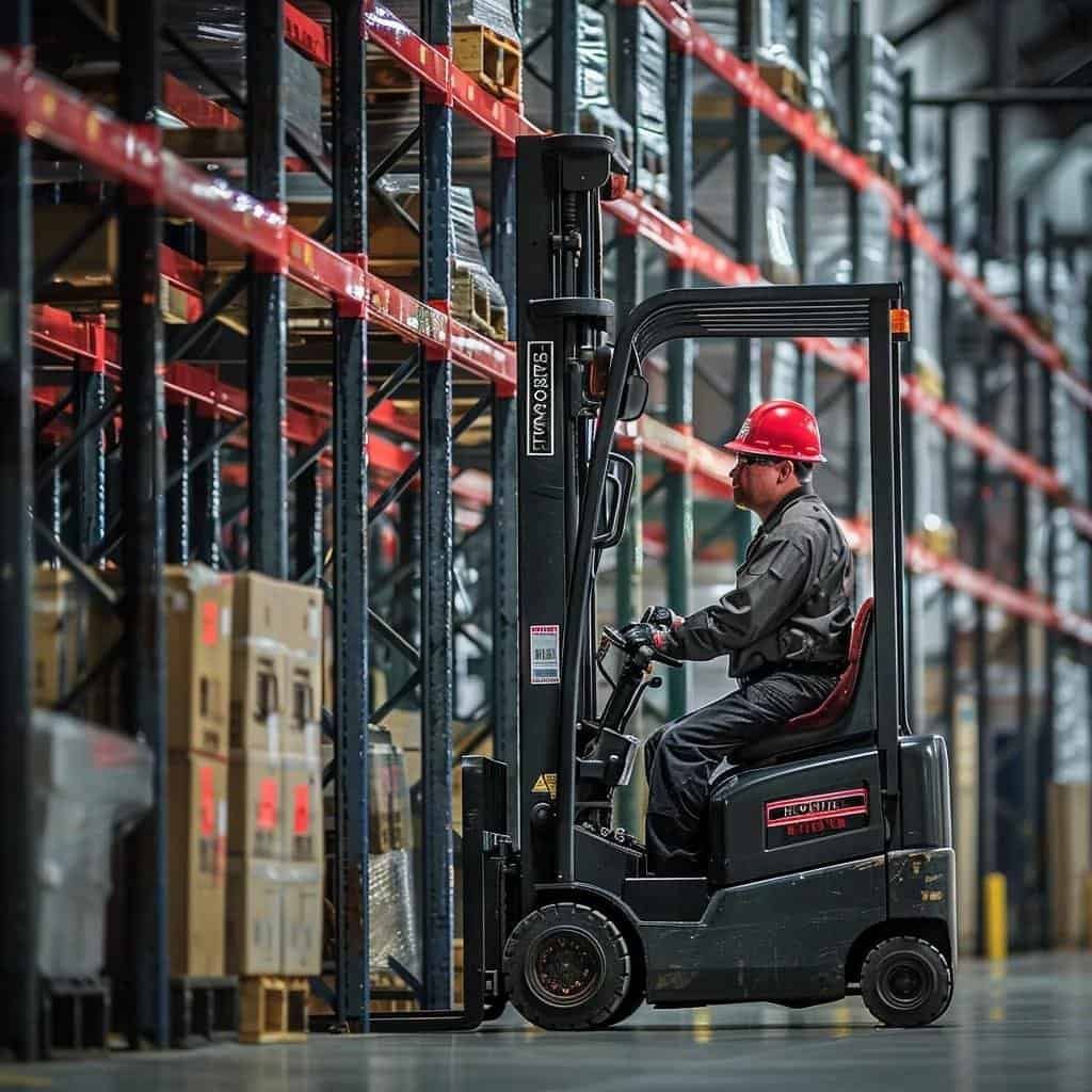 Certified forklift technician performing maintenance in a Houston warehouse