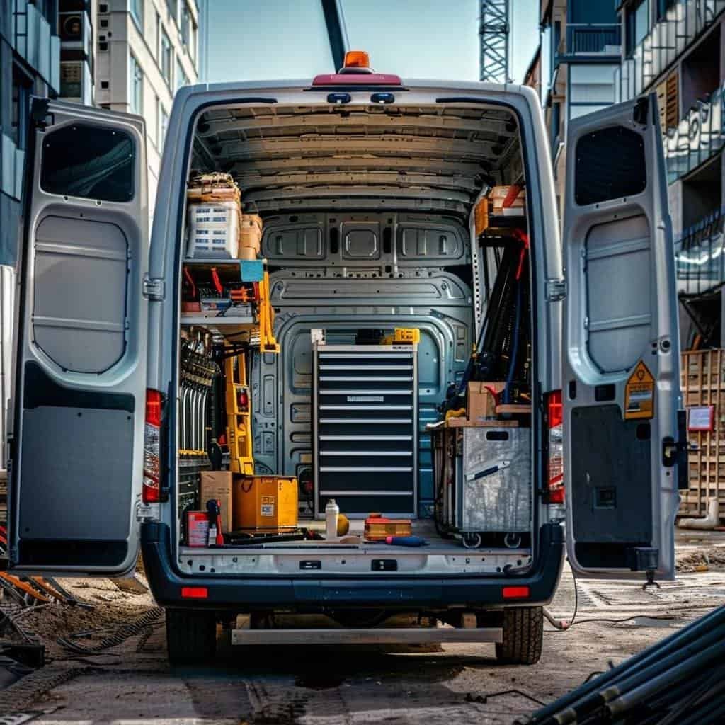 Mobile forklift repair service van at a construction site, illustrating available repair services in Houston