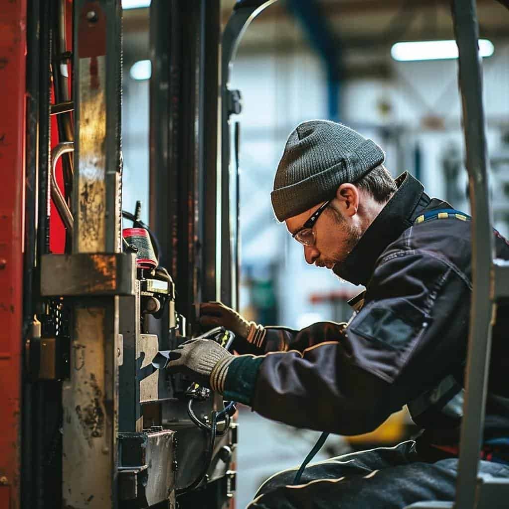 Technician repairing a forklift in a warehouse, highlighting expert forklift repair services in Houston
