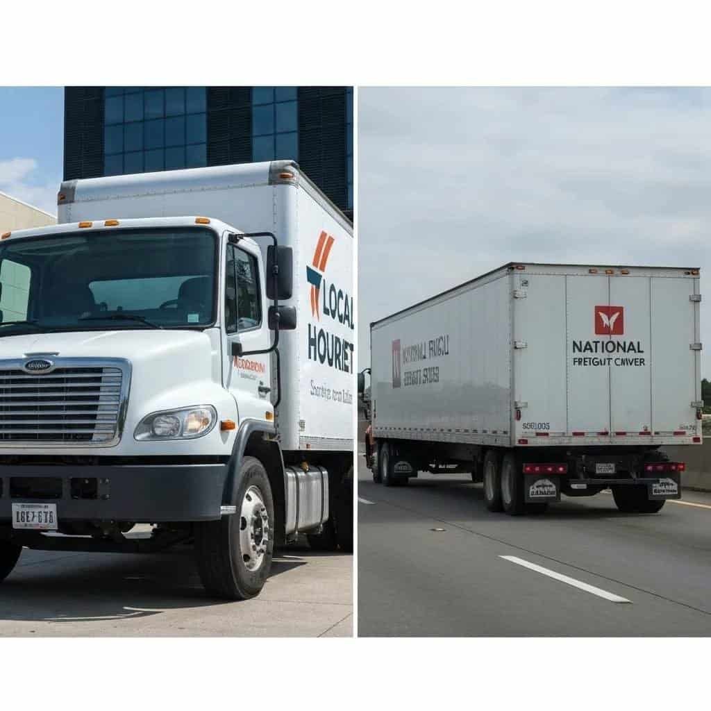 Comparison of local and national delivery trucks for forklift parts in Houston, highlighting service differences