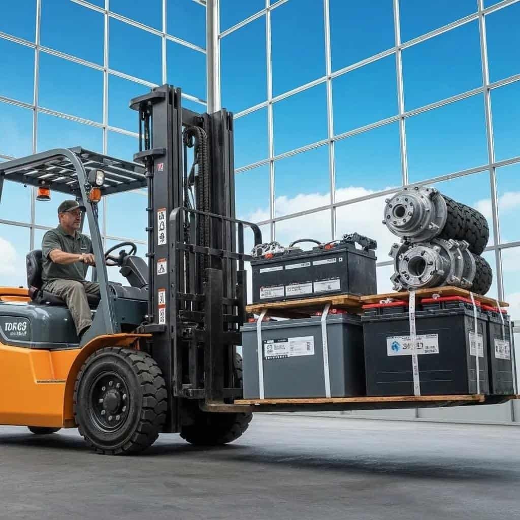 Forklift transporting various parts in a Houston warehouse, highlighting shipping efficiency