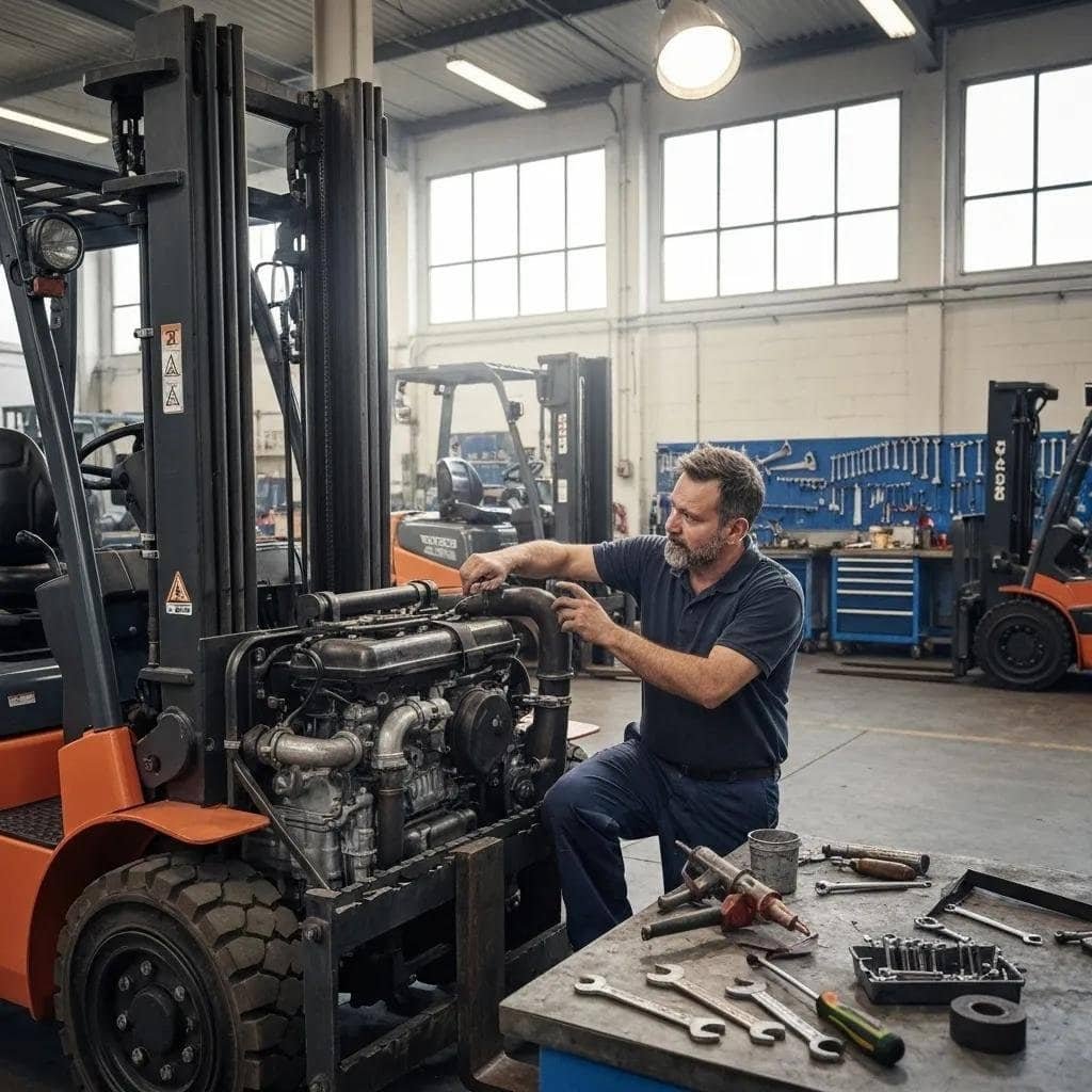 Forklift being serviced in a workshop, highlighting repair and maintenance activities