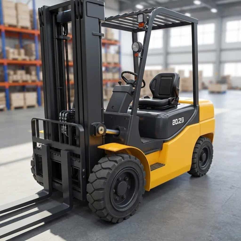 Forklift parts displayed in a warehouse, highlighting tires, batteries, and hydraulic components