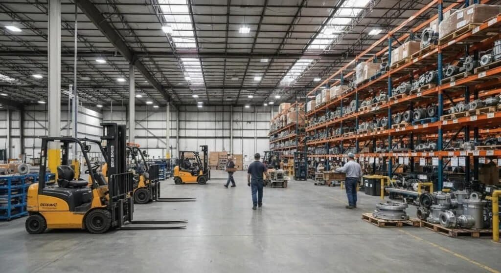Diverse forklift parts displayed in a Houston warehouse setting, emphasizing operational efficiency