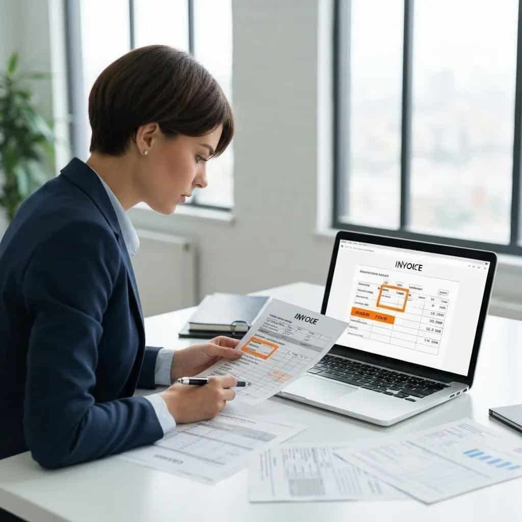 Business person analyzing an invoice for forklift parts, focusing on hidden fees