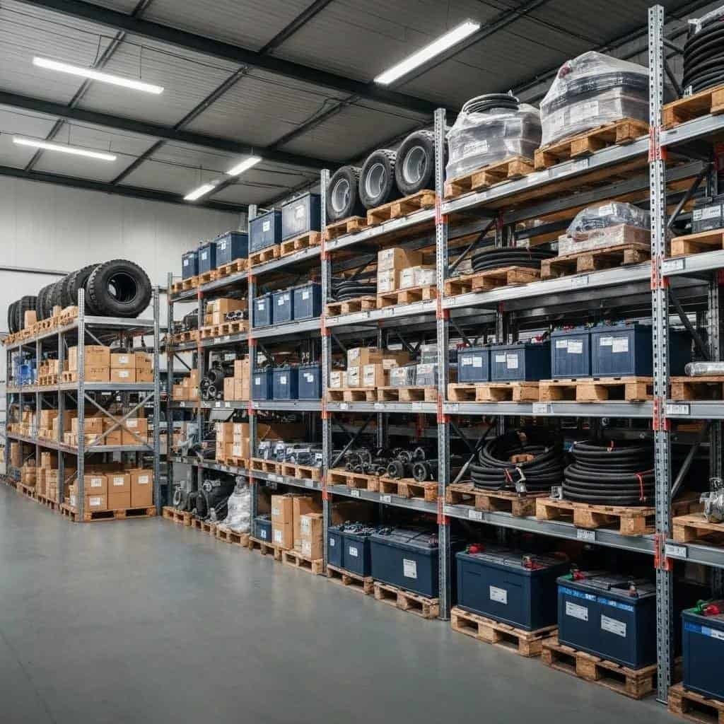 Warehouse filled with bulk forklift parts showcasing variety and cost-effective maintenance options