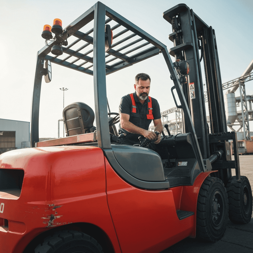 Technician inspecting forklift outdoors