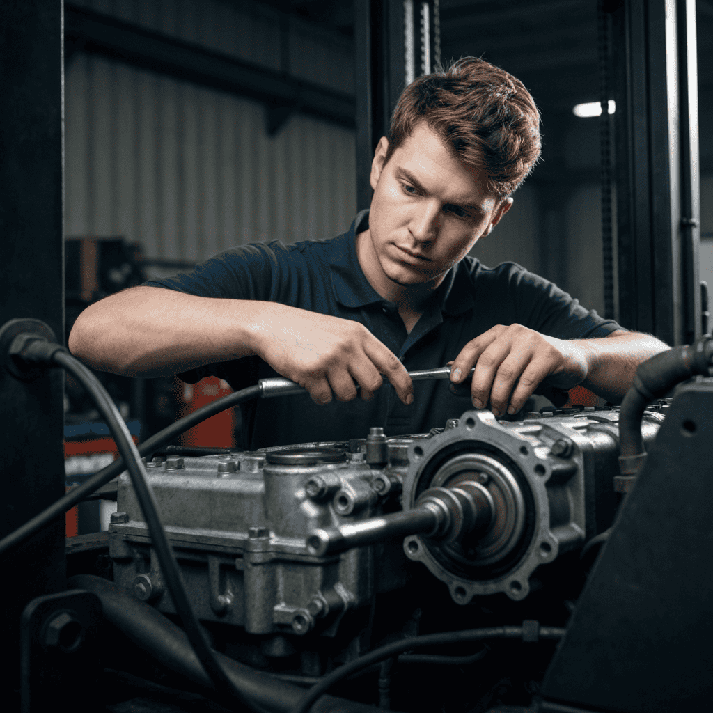 Technician repairing forklift engine