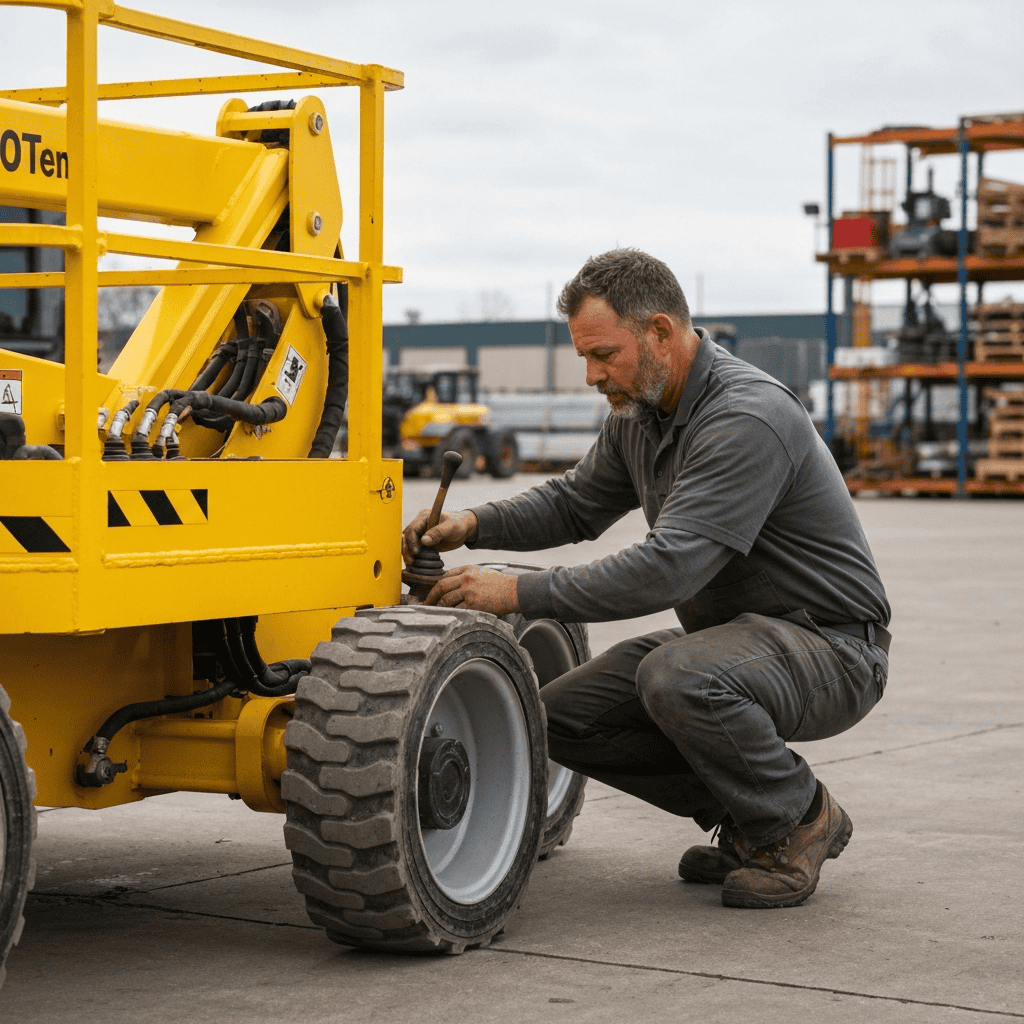 Pre-use boom lift inspection close-up