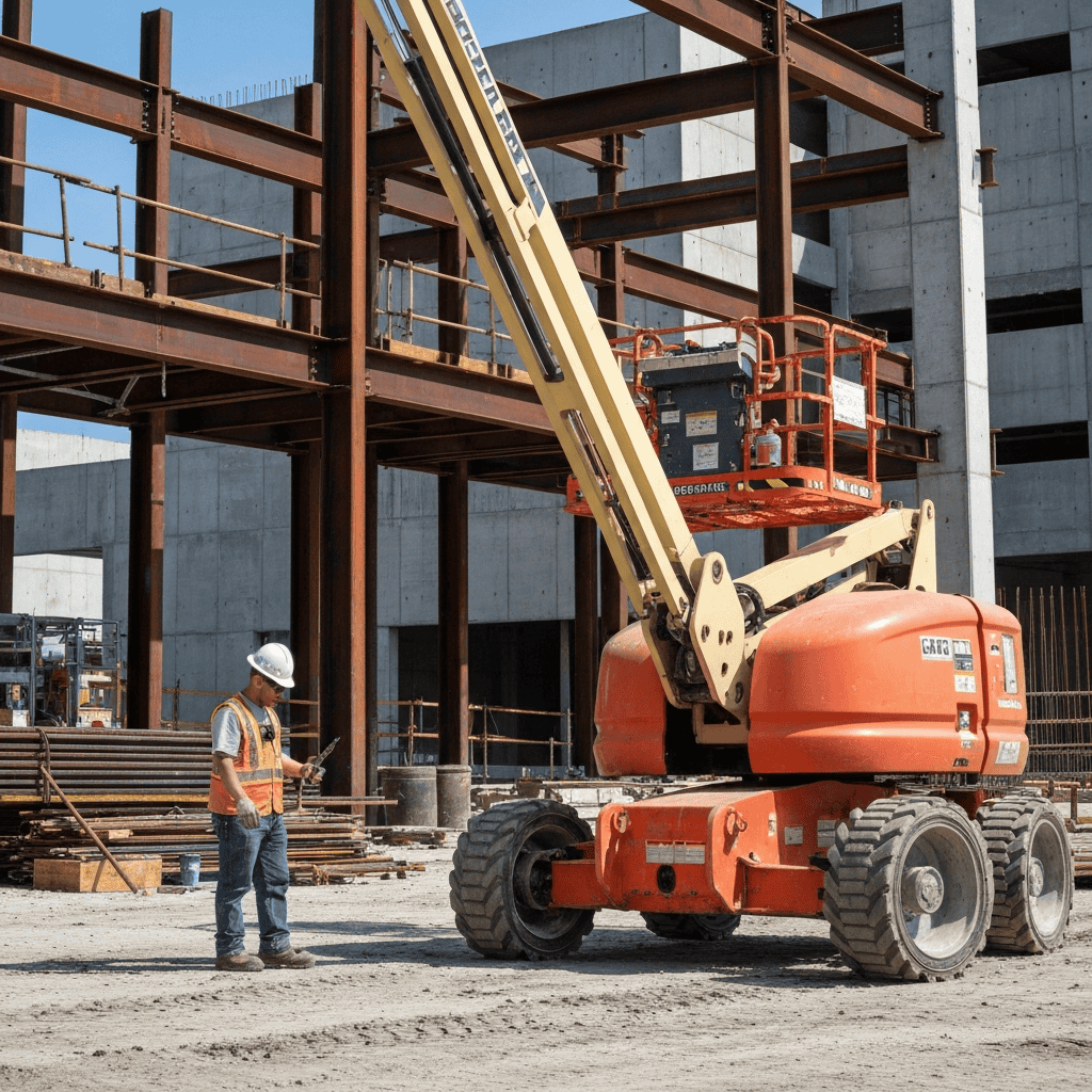 Worker inspecting boom lift outdoors
