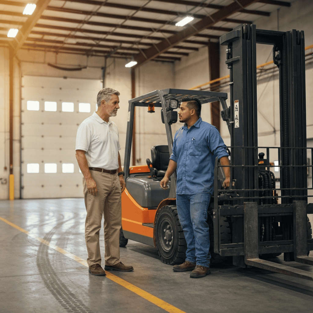 Manager and technician in warehouse