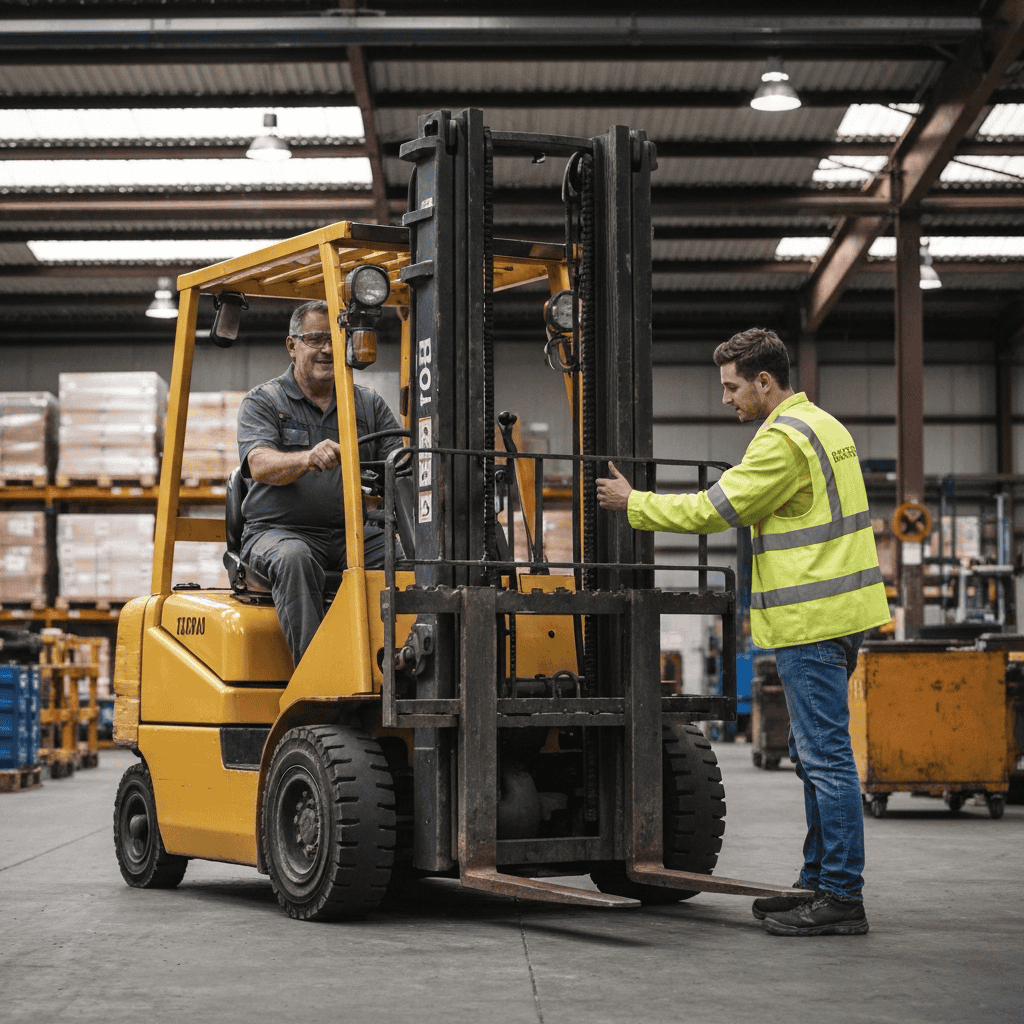 Technician and operator inspecting forklift