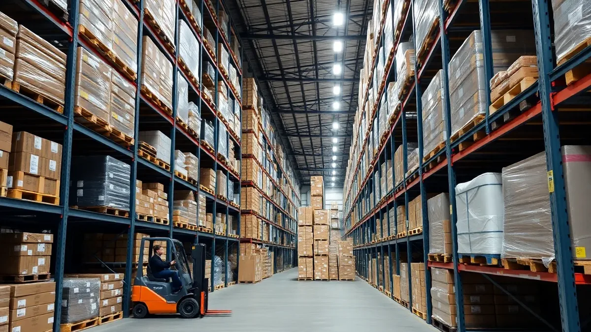 Forklift working warehouse racking aisles — Upright Forklift, Houston TX
