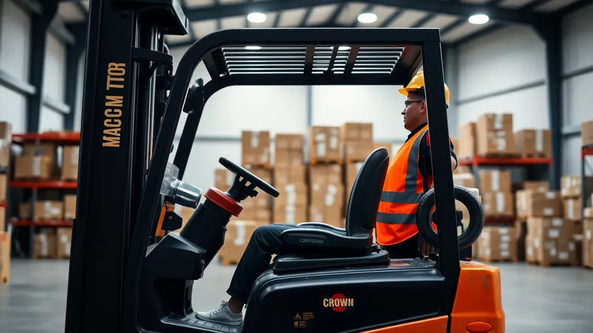 Operator running a Crown forklift in a warehouse — Upright Forklift, Houston TX