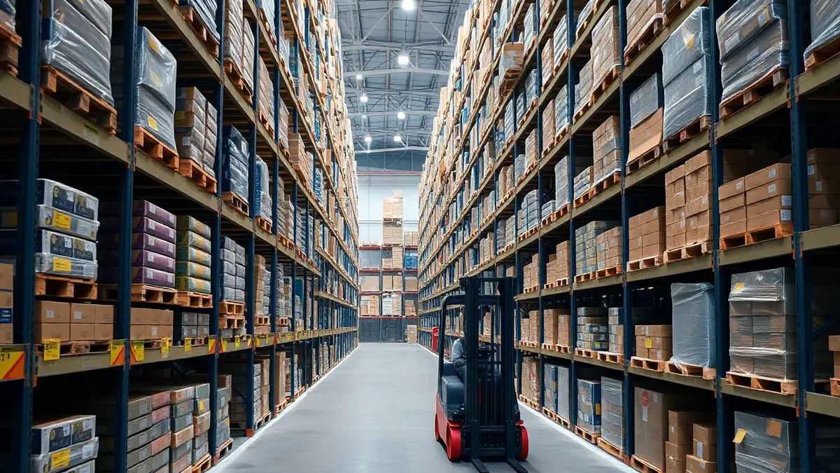 Forklift working warehouse racking aisles — Upright Forklift, Houston TX