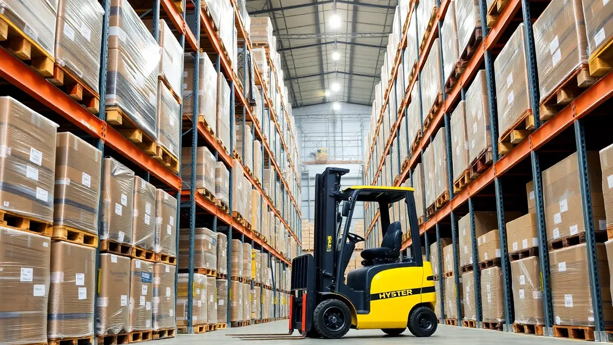 Hyster forklift working warehouse racking aisles — Upright Forklift, Houston TX