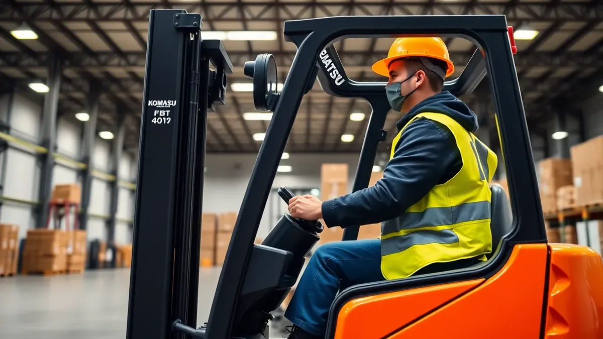 Operator running a Komatsu forklift in a warehouse — Upright Forklift, Houston TX